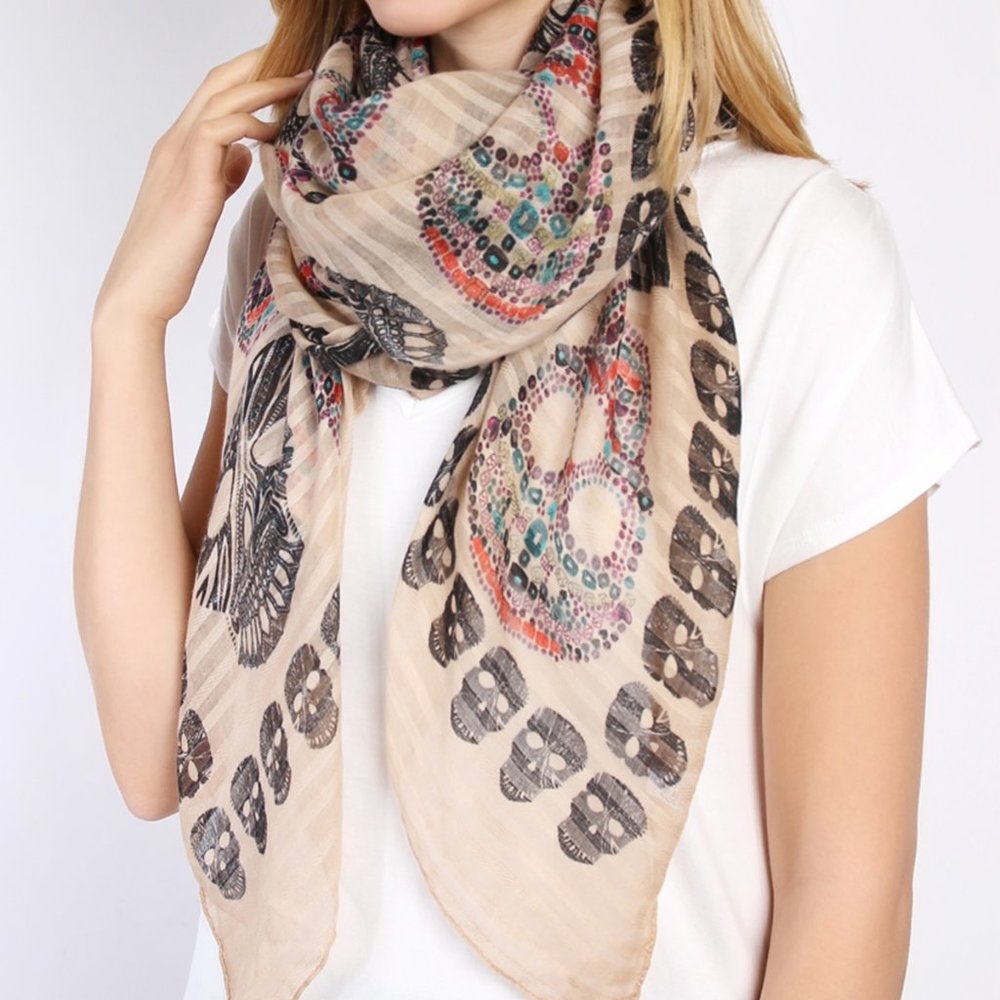 Sugar Skull Scarf Tan